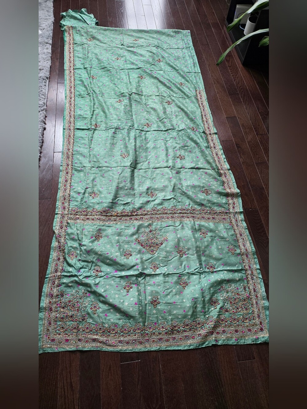 Mint Green Embroidered Saree Pink Gold Border